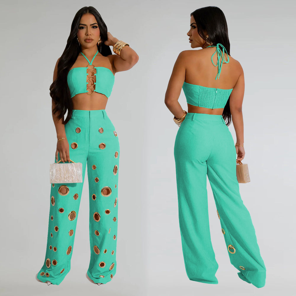 C7313 cross-border   fashion women's sexy eyelet metal buckle pants two-piece set new