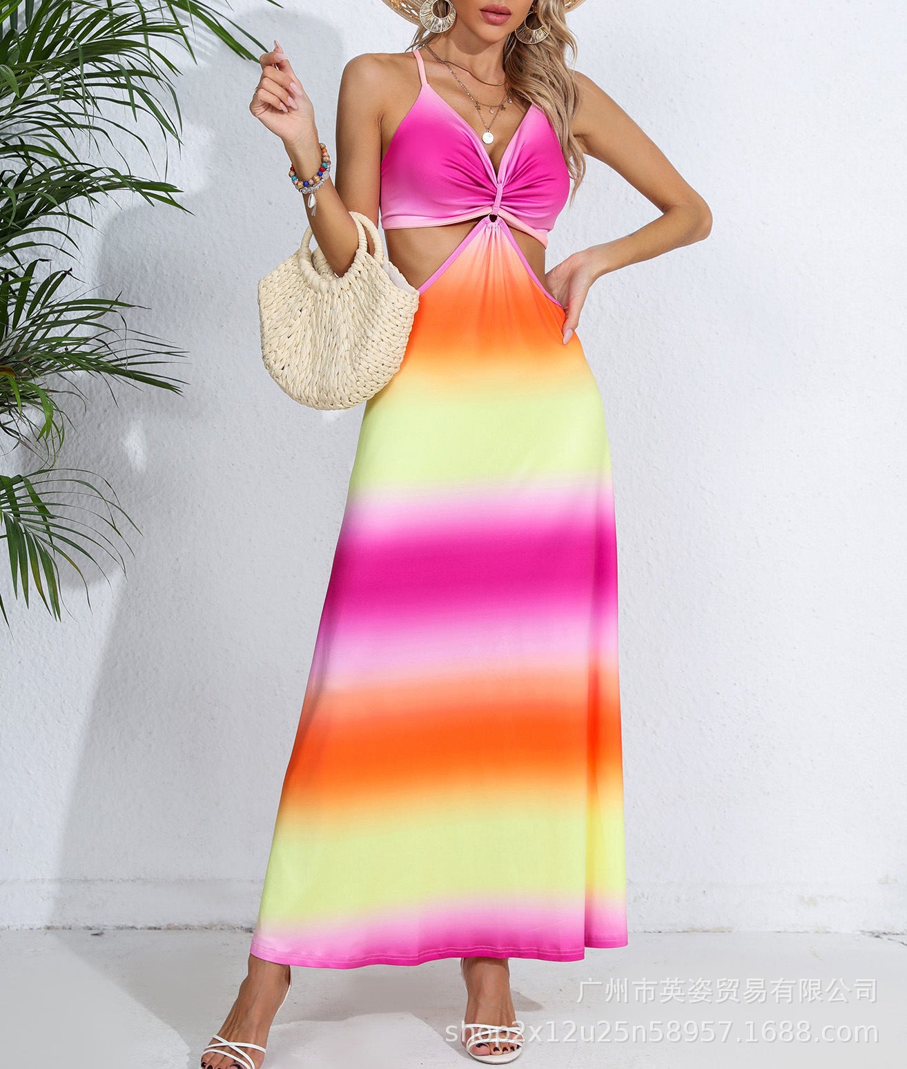 Spot  popular European and American suspender v-neck tie-dye backless rainbow dress sexy long dress elegant