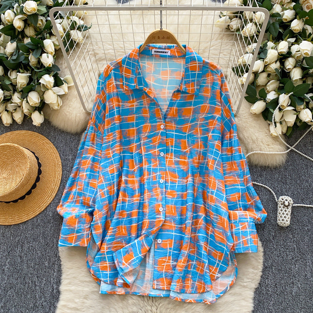 K-styleloosegrids pattern comfortable breathable shirt women's long sleevesspringcardigancommuting boyfriend style lazy sun protection tops