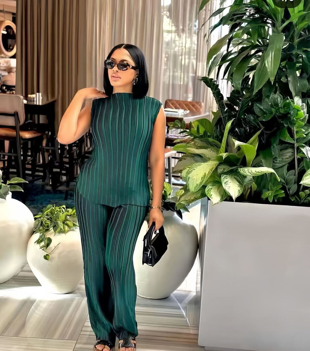 European and american cross-border women's fashion  autumn new solid color sleeveless round neck top slim fit casual wide leg pants set