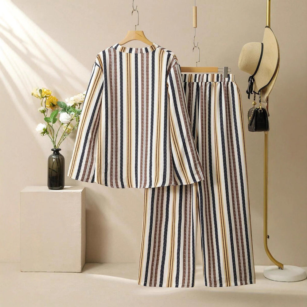 cross-border fashion: european & american style striped print v-neck set - new autumn/winter collection for  & independent e-commerce stores