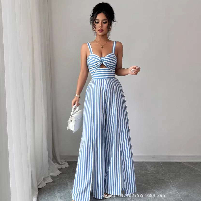 European and american cross-border women's fashion:  summer new arrivals - stylish casual striped cutout slim-fit open-back jumpsuit