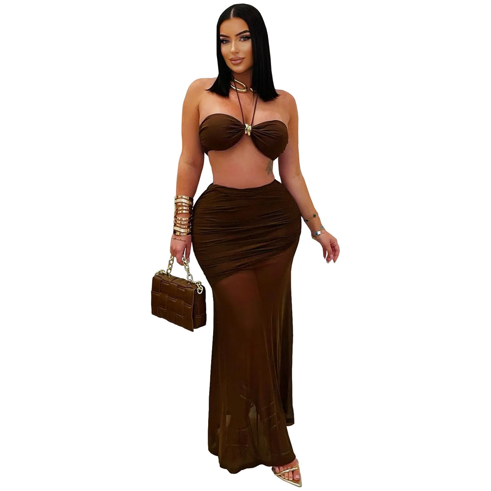 C7456 cross-border   fashion women's sexy bandeau sleeveless ruched mesh maxi dress new