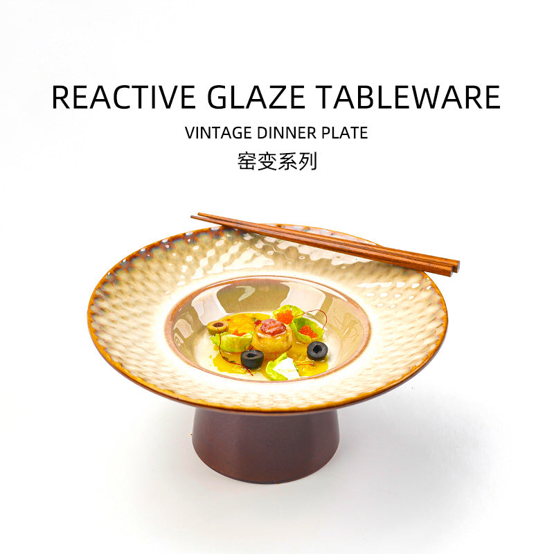 Vintage creative personalized ceramic high-footed plate - stylish stone texture dessert, pastry, and soup serving dish for restaurants and hotels