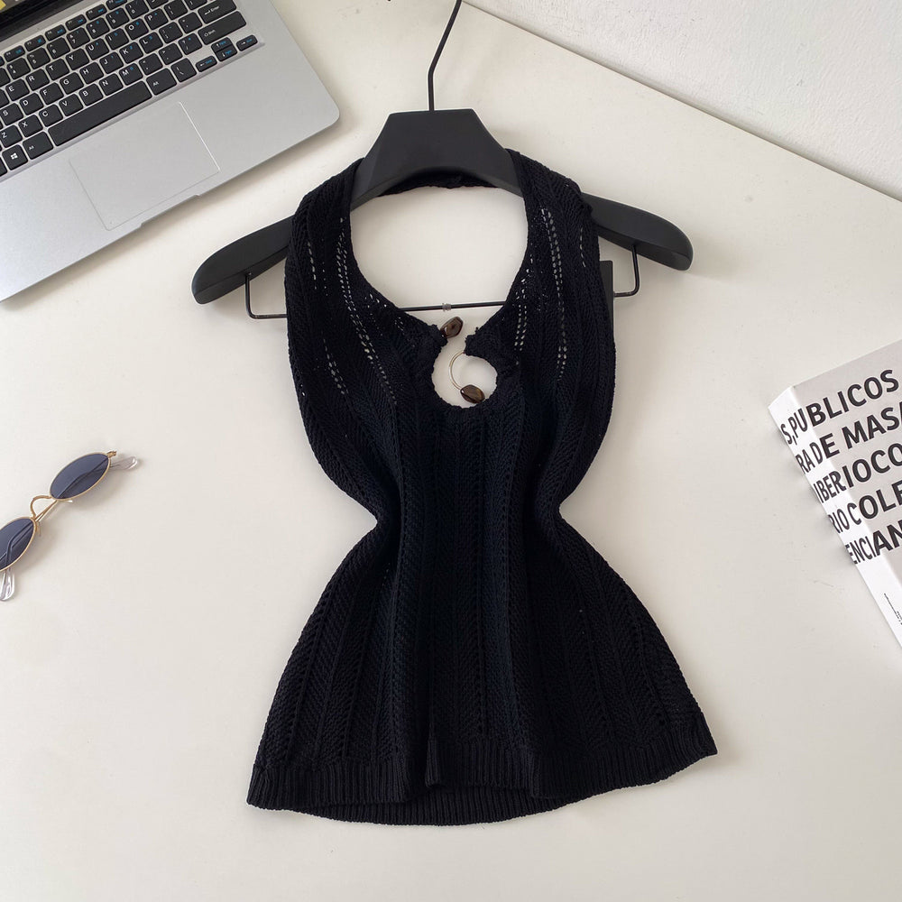 Korean style halter knit cutout camisole - women's summer outerwear, designer cutout slim fit, commute chic top