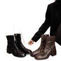 Grape mom's same style washed horse leather square toe thin boots women's thick heel short boots fall and winter stylethick sole small ankle boots for women
