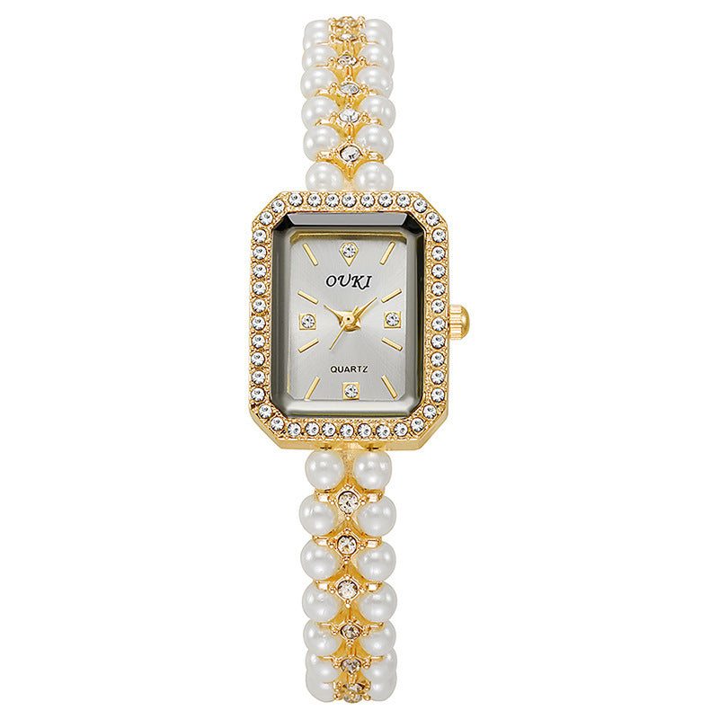 Ouki retro vintage chanel-style pearl bracelet watch - women's elegant, niche, and fashionable chain watch in gold