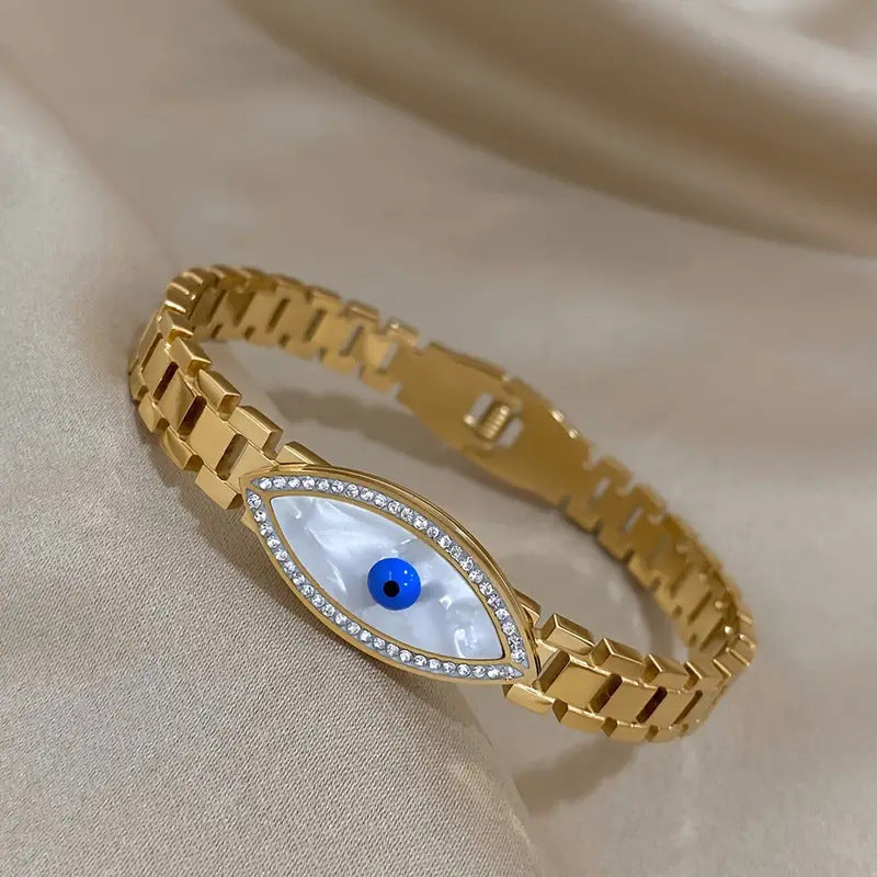 new stainless steel hollow watch pattern blue devil's eye golden open bracelet ins fashion temperament