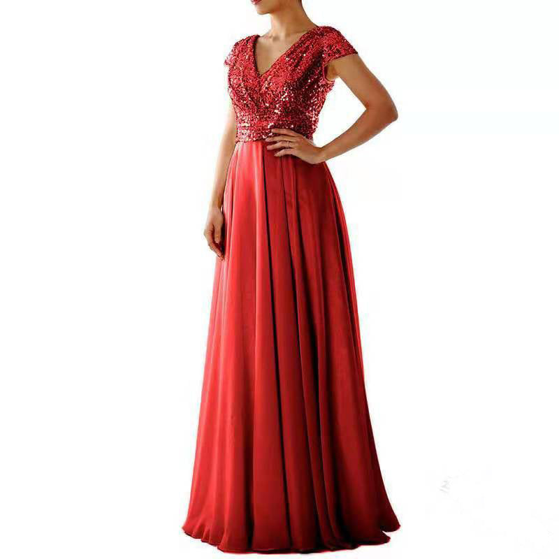 summer new arrival: women's foreign trade dress -  &  new v-neck sequin chiffon patchwork evening gown maxi dress