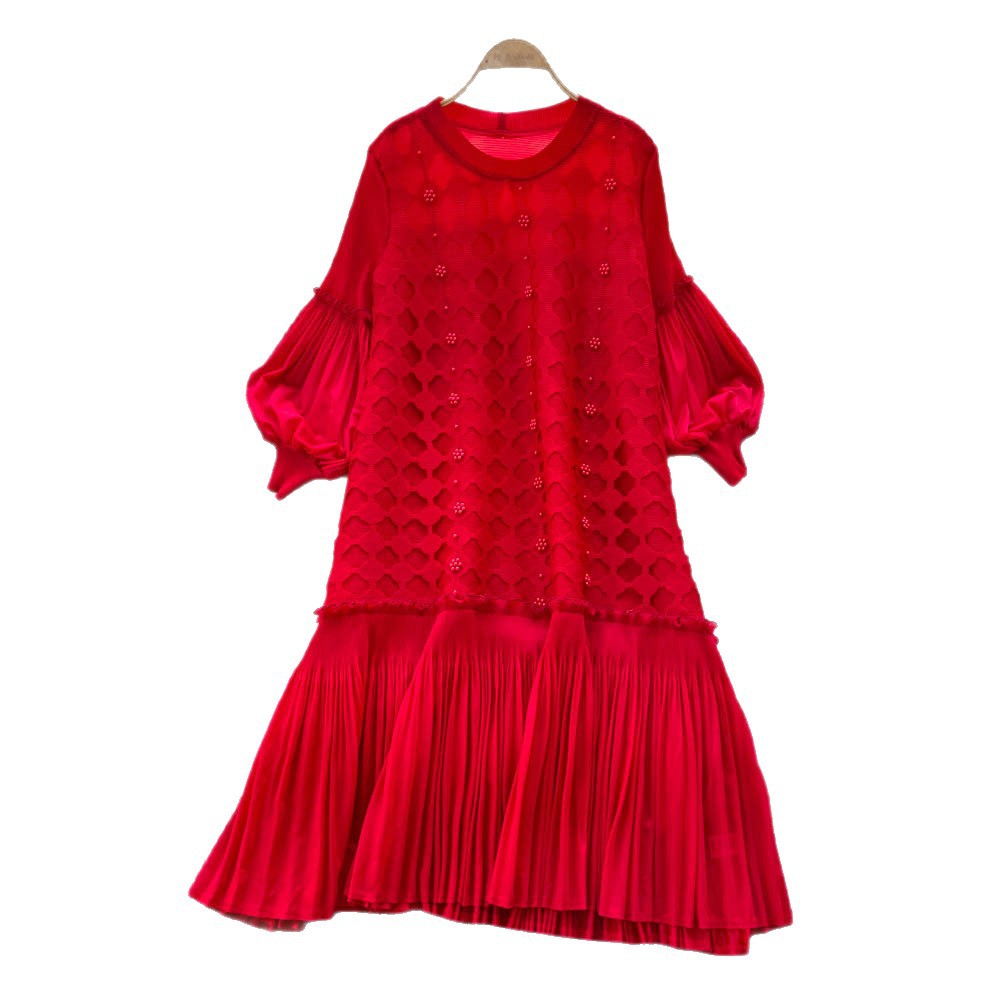 European and american fashion heavy beaded lantern sleeve loose pleated dress women's  autumn casual high-end long dress