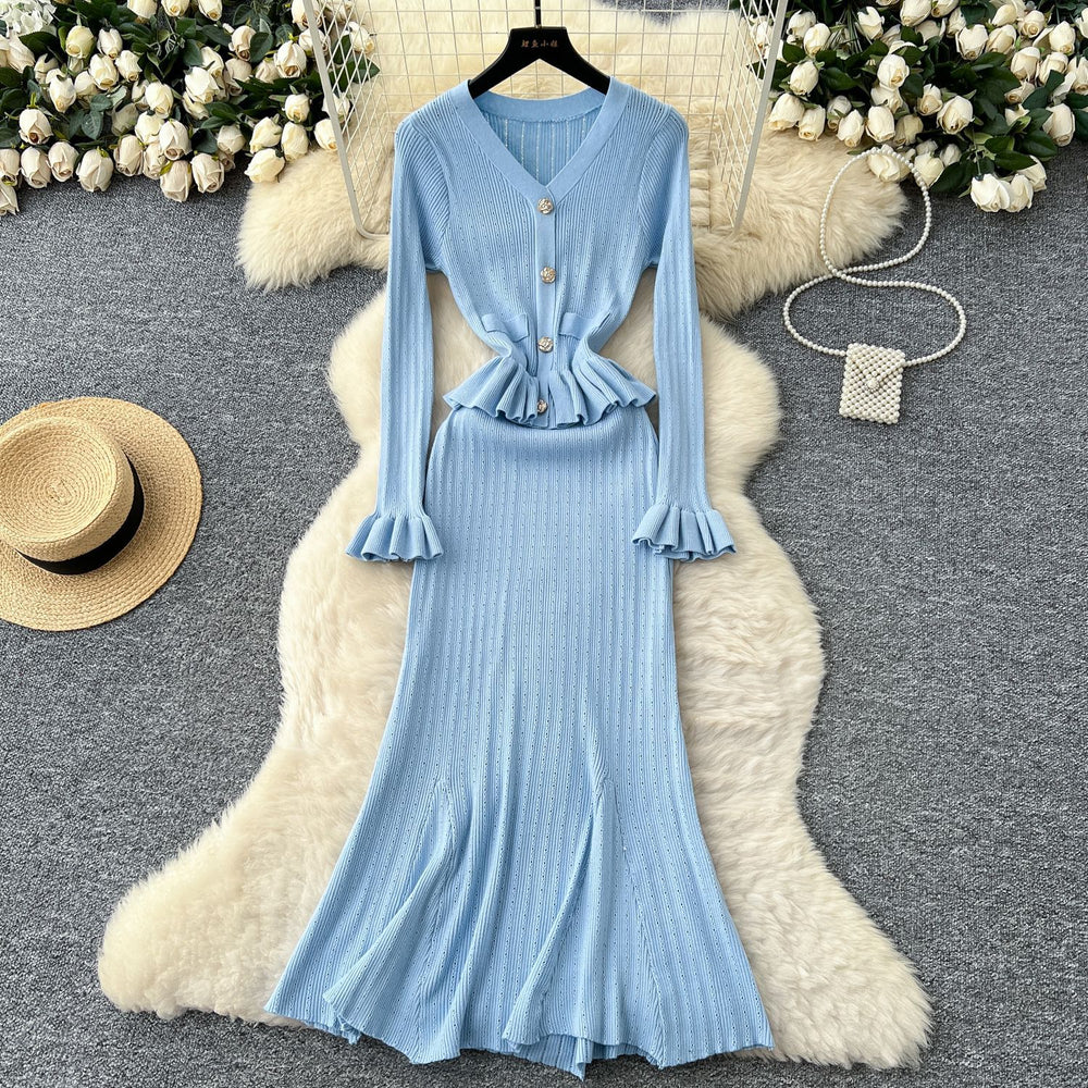 autumn collection: french chic, high-end, niche v-neck long sleeve ruffle trim patchwork cinched waist knit dress for women