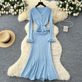 autumn collection: french chic, high-end, niche v-neck long sleeve ruffle trim patchwork cinched waist knit dress for women