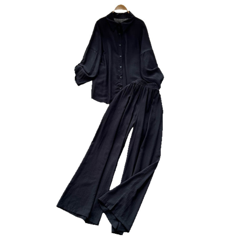 Relaxed casualsuit women's autumloose buttoned long sleeves single breasted shirthigh waistloose pantstwo-piece set