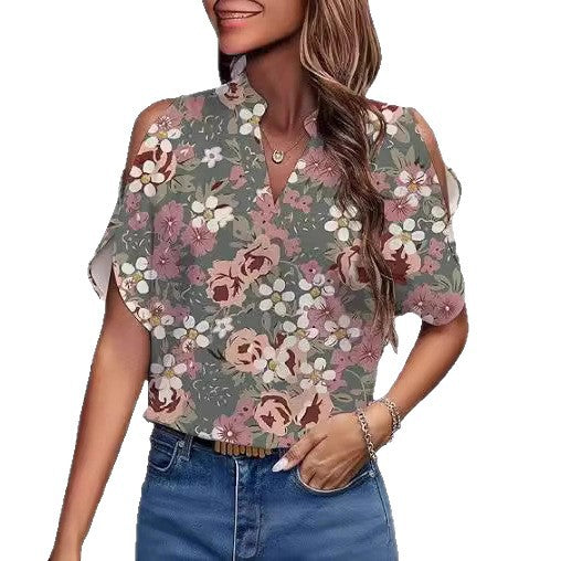Amazon fashion cross-border women's clothing 2024 summer new print v-neck elegant fashion off-shoulder sleeve women's top