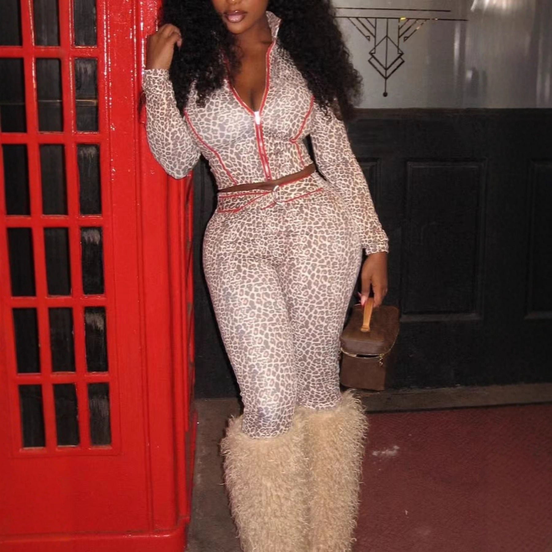 Cross-border Europe, America and 2025 new women's clothing Spice Girl hip-wrapped leopard print elastic trousers zipper cardigan two-piece set