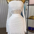 European and american cross-border women's fashion  autumn new arrival: elegant one-shoulder long sleeve hollow-out lace top and midi skirt set