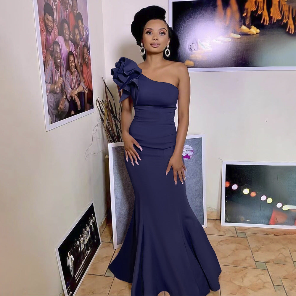 e-commerce solid color asymmetrical bust-enhancing dress, european and american/african women's sexy cocktail party evening gown