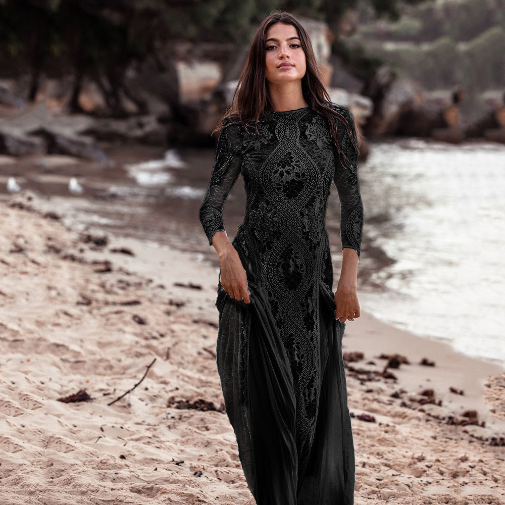 spring new arrivals: european and american style women's elegant party & wedding dresses - round neck, long sleeve, printed, open back lace dress