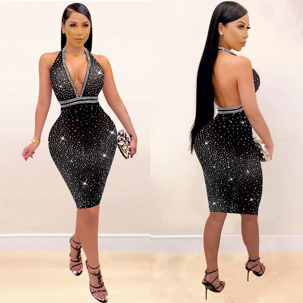 Spot! WK2322 Hot Sale European and American Sexy Deep V Hot Diamond, Dress, Nightclub Dress