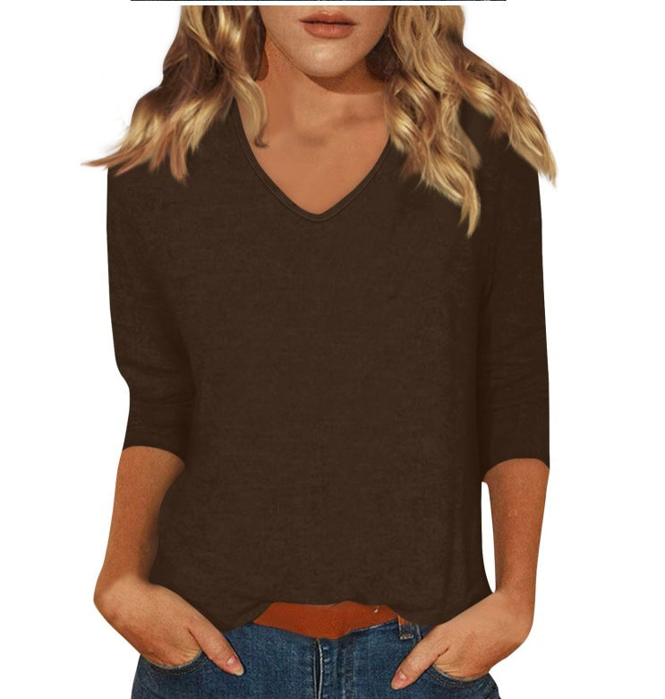 cross-border  women's everyday versatile casual v-neck solid color three-quarter sleeve t-shirt top