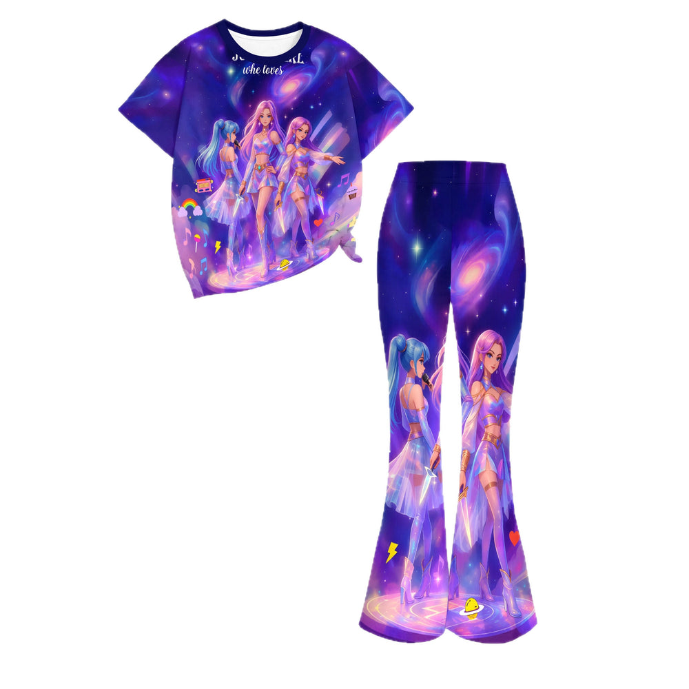 Girl's two-piece set featuring a short-sleeved top and long, flared pants. cute, playful, and lively style with a unique design