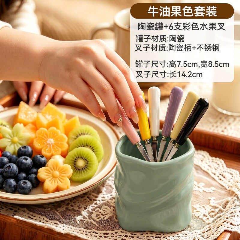Premium 304 stainless steel portable fruit fork storage cup - creative, colorful, and wholesale ceramic cup holder
