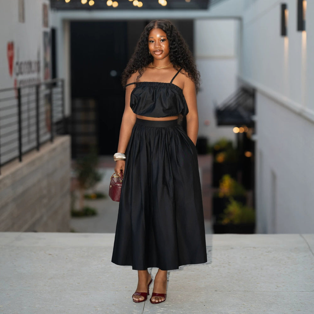 European, american, and african women's clothing:  summer new arrivals - fashionable and elegant bandeau top and high-waisted midi skirt set