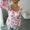 Export  cross-border women's clothing fresh and sweet fall and winter square neck puff sleeve popular floral long-sleeved tops