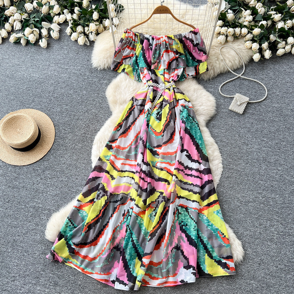 new women's summer sleeveless printed dress with pearl off-the-shoulder neckline, high-waisted a-line skirt, commute-friendly high street style