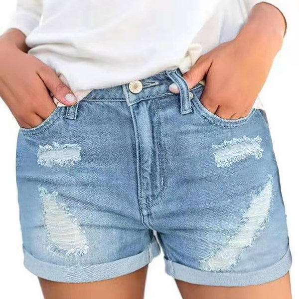 European, American and   supply, ripped and flanged denim shorts for women