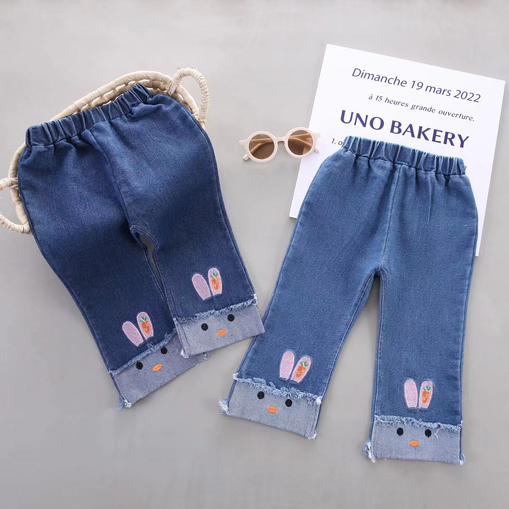 New spring embroidered kids' pants: korean style casual versatile girls' straight-leg jeans, baby wide-leg fashion trousers