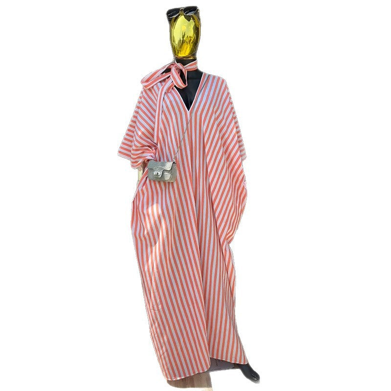 European and american women's clothing 2020 autumn new sweet and fresh loose plus size striped batwing sleeve maxi dress