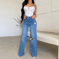 Factory direct  women's jeans: long, high-waisted, distressed, raw hem, hot-selling european and american style, comfortable wide-leg pants