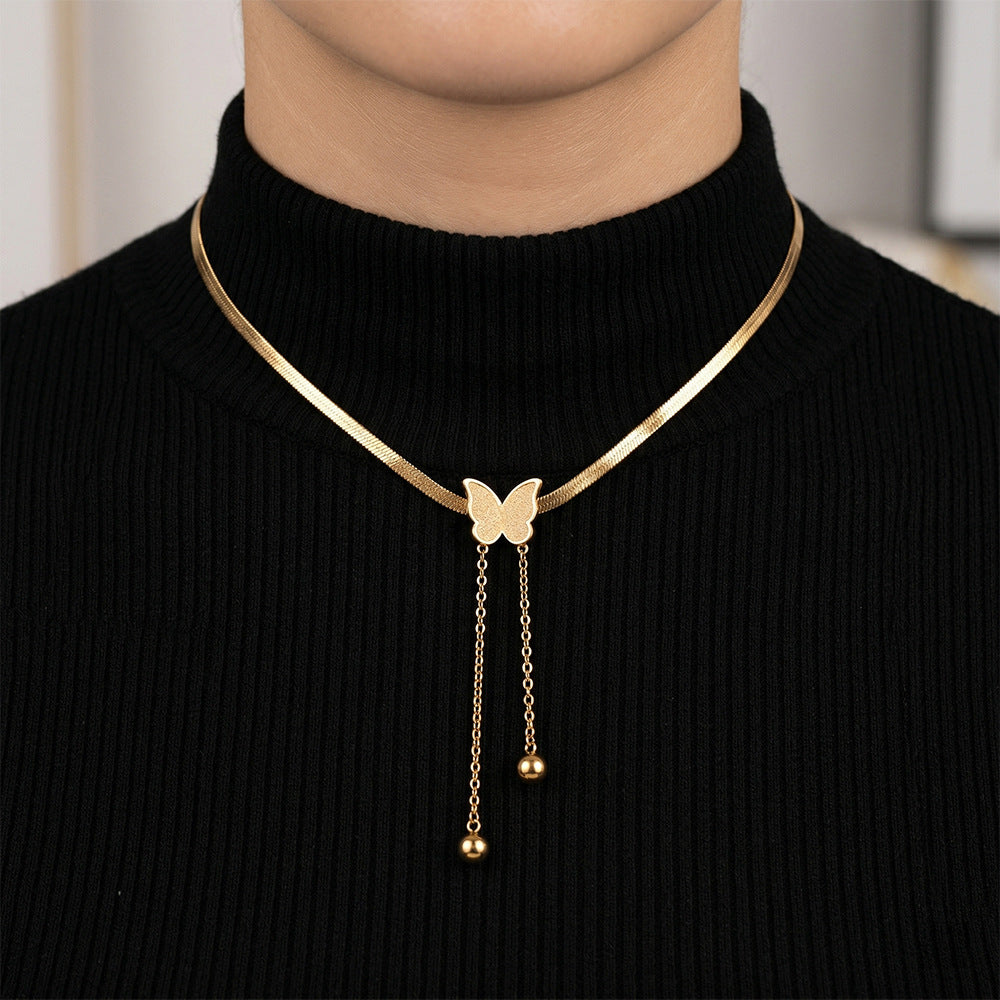 European and american fashion hot style non-fading titanium steel tassel butterfly necklace, lightweight luxury, niche, versatile, elegant clavicle chain jewelry