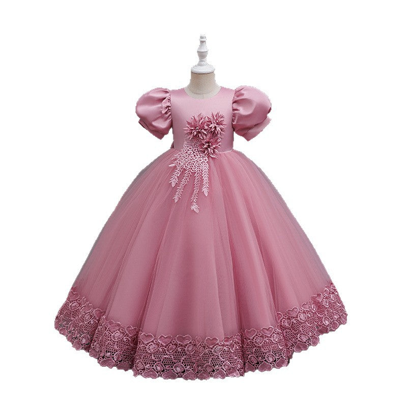 Girls' formal dress with lace trim and mesh overlay, flower girl princess dress, children's piano performance outfit, cross-border ready stock wholesale
