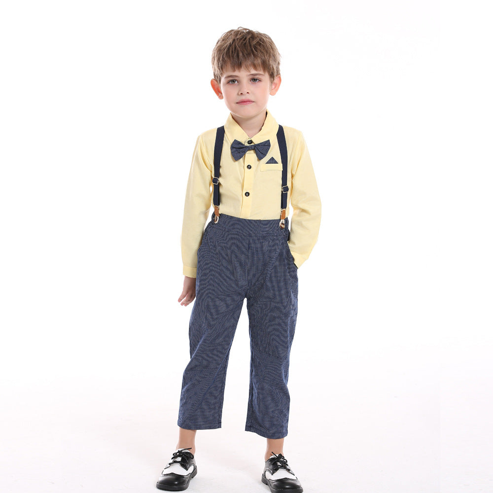 Children's spring outfit: boy's cotton korean style shirt, overalls, and bow tie set - wholesale available, perfect for first birthday celebrations