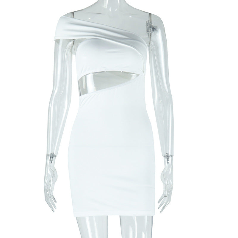 European and american style ins foreign trade women's fashion solid color dress sexy asymmetrical neck off-shoulder sleeveless bodycon mini dress