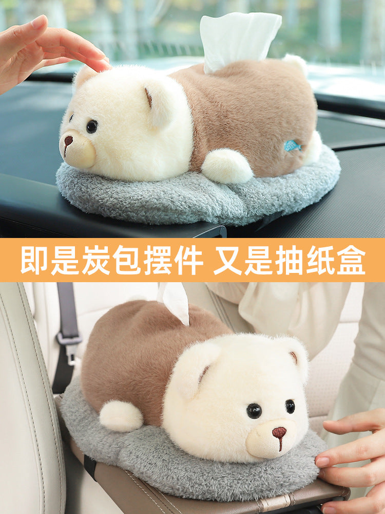 Car tissue box, armrest box, pumping carton, creative car bamboo charcoal bag ornament, high-end doll, car decoration