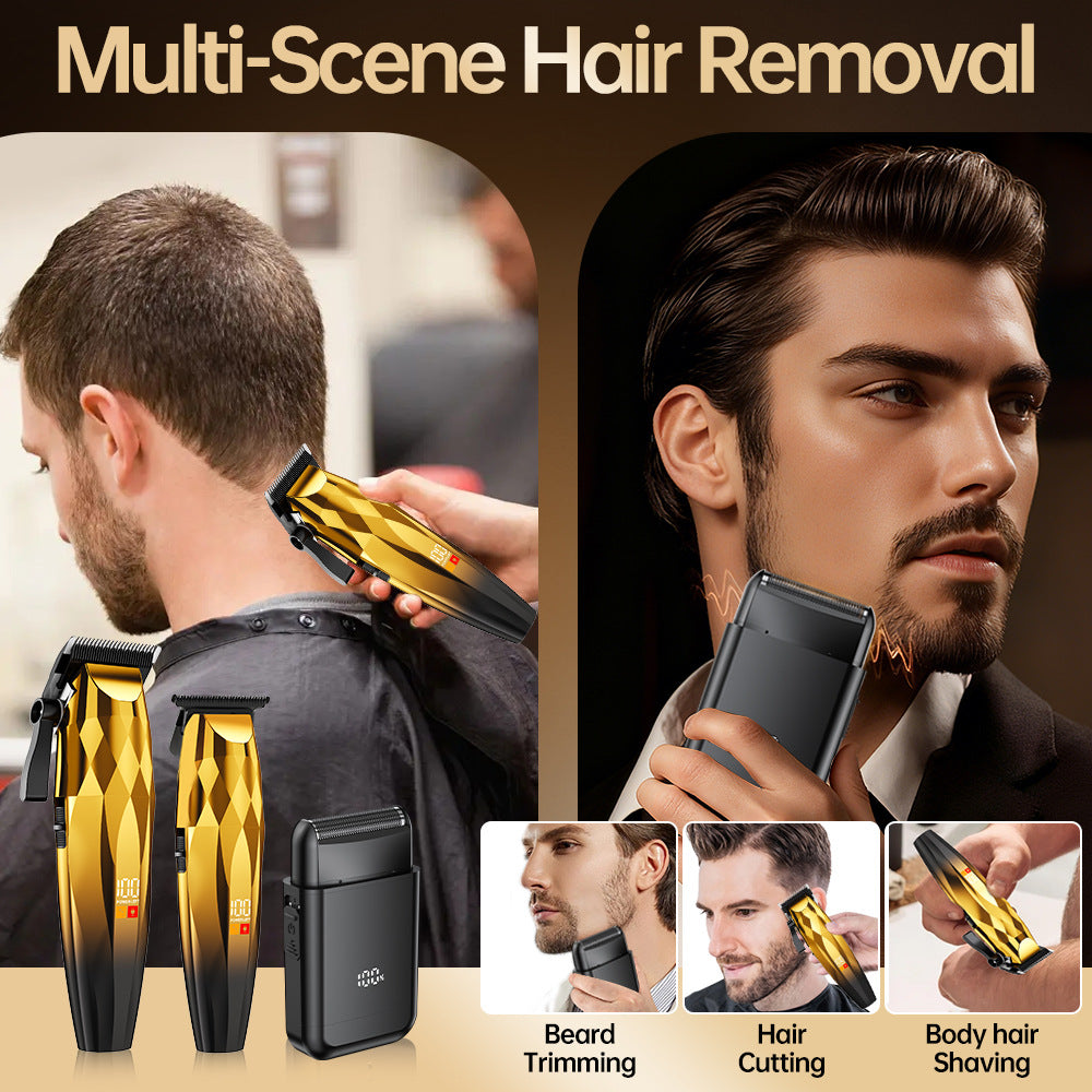 professional hairdressing set, hairdressing electric clipper, oil head carving scissors, shaving bald head machine, three-piece set