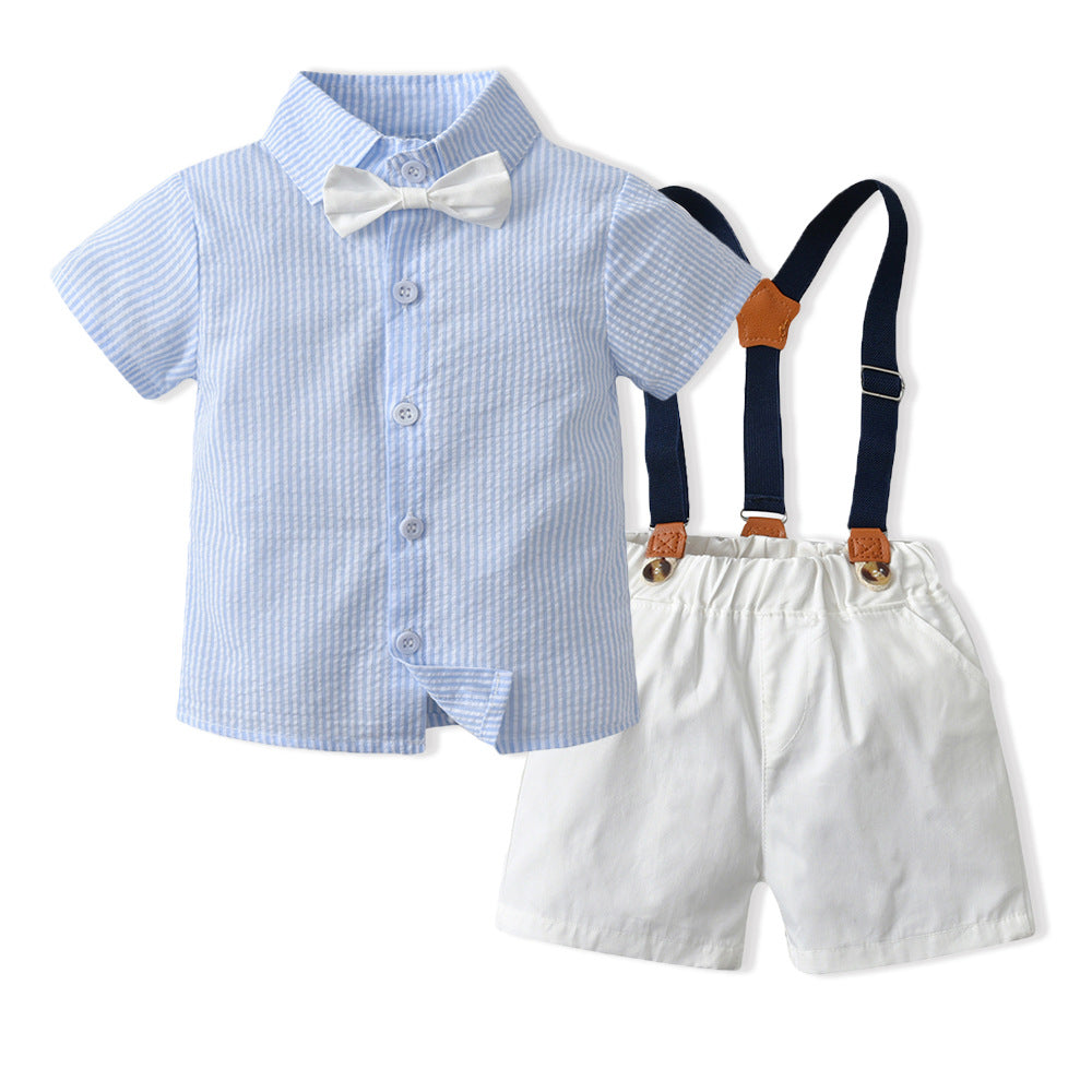 Wholesale children's clothing direct from the manufacturer: boys' preppy-style short-sleeved plaid shirt and suspender shorts set, dropshipping available