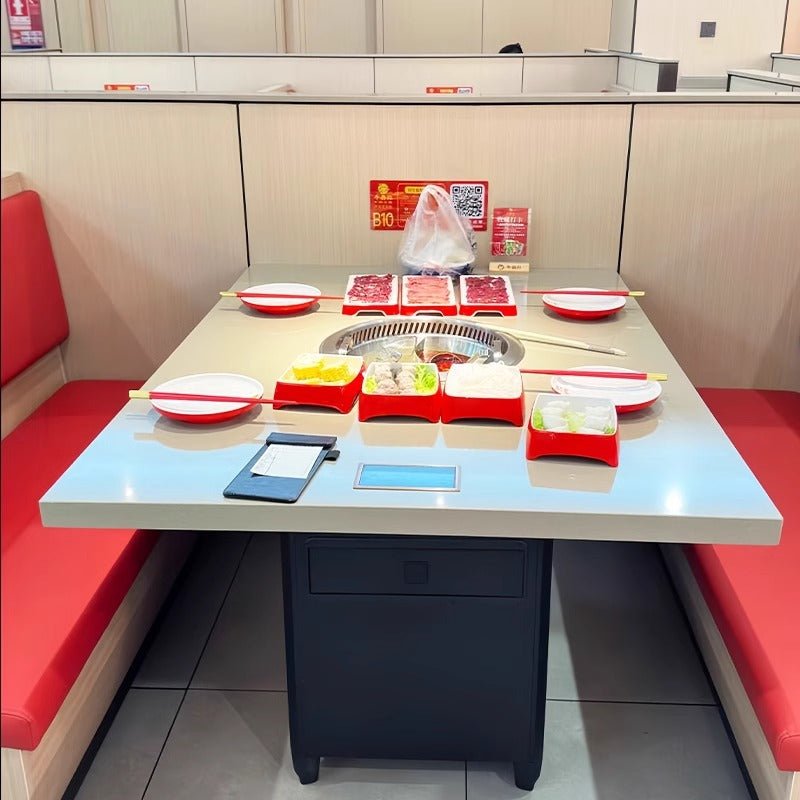 Customized hot pot barbecue table, smokeless purifier, induction cooker, integrated roasting and rinsing, skewers of fragrant barbecue shop, hot pot tables and chairs