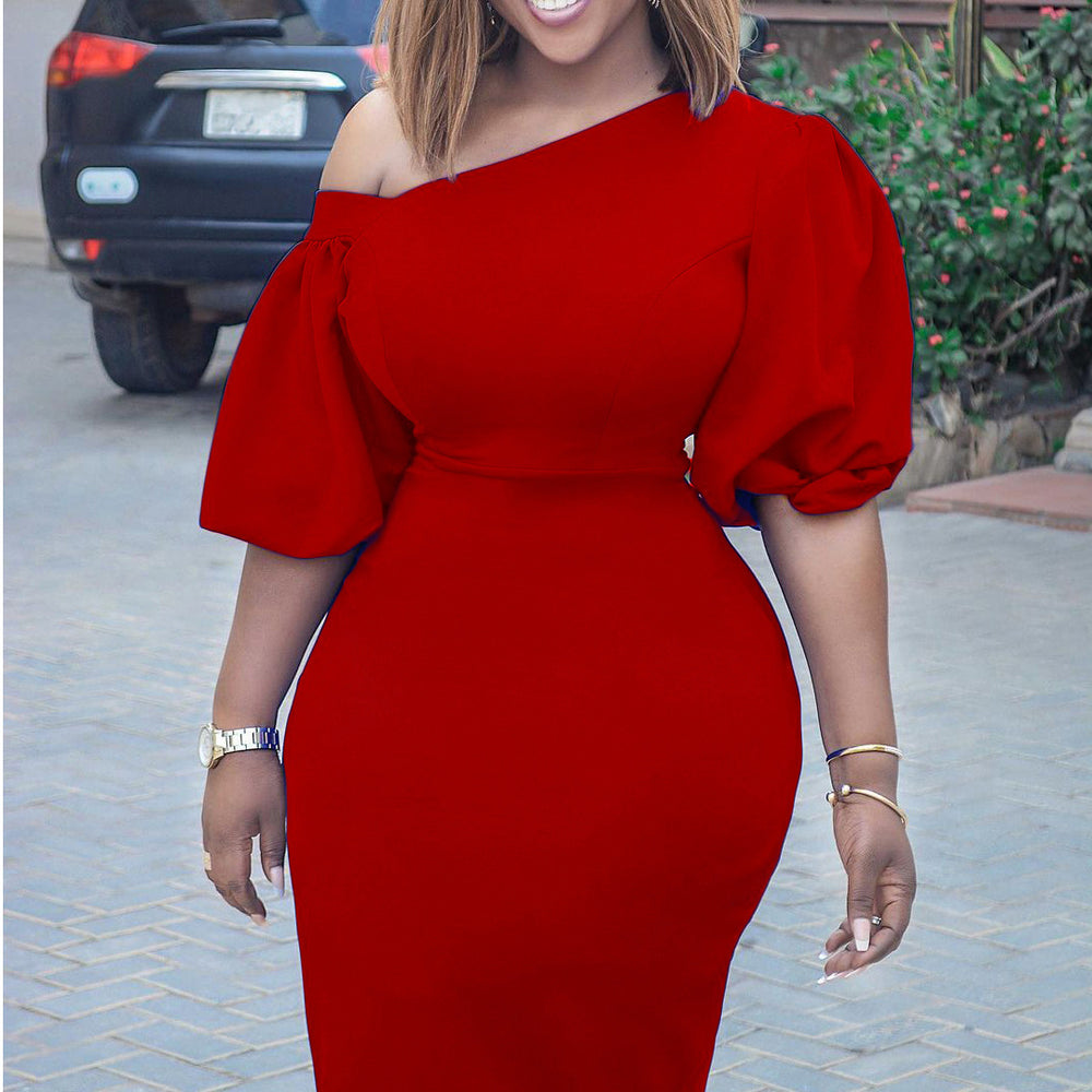 D218 european and american women's clothing  summer new arrival solid color one-shoulder puff sleeve ol style elegant plus size cross-border dress