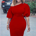 D218 european and american women's clothing  summer new arrival solid color one-shoulder puff sleeve ol style elegant plus size cross-border dress