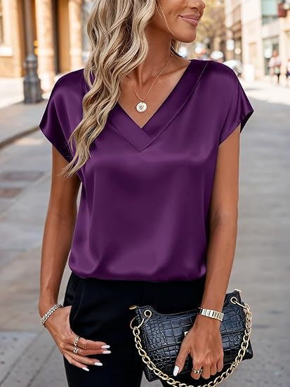 Women's satin t-shirt - spring/summer new arrivals -  us & european style - solid color business v-neck casual pullover top