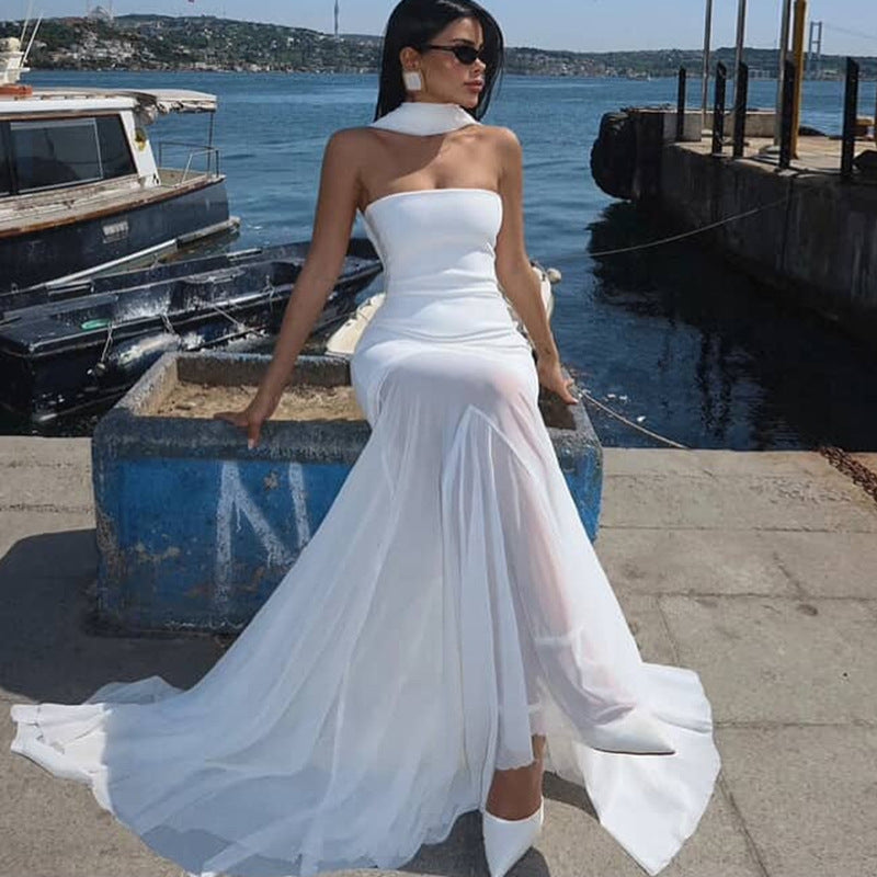 European and american cross-border women's fashion:  summer new arrivals - sexy and elegant bandeau bodycon pleated maxi dress
