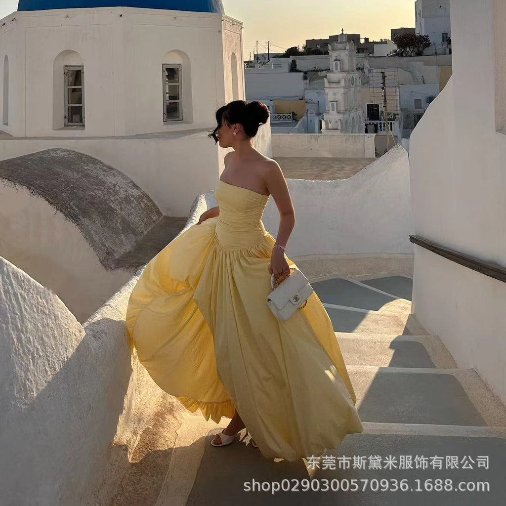 SDM176 temperament yellow tube top irregular lace pendulum dress princess style long dress wholesale Dress new