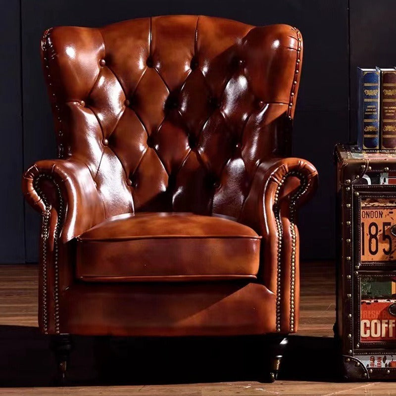 Vintage distressed american oil wax leather brown single armchair sofa high back button tufted hotel reception living room tiger chair