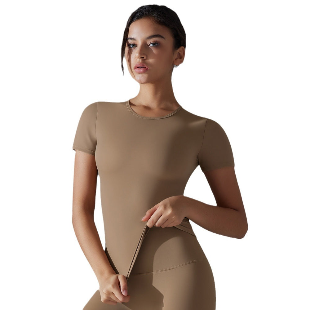 New solid color double-sided brushed high-stretch tight-fitting breathable yoga top - short sleeve activewear running fitness yoga t-shirt