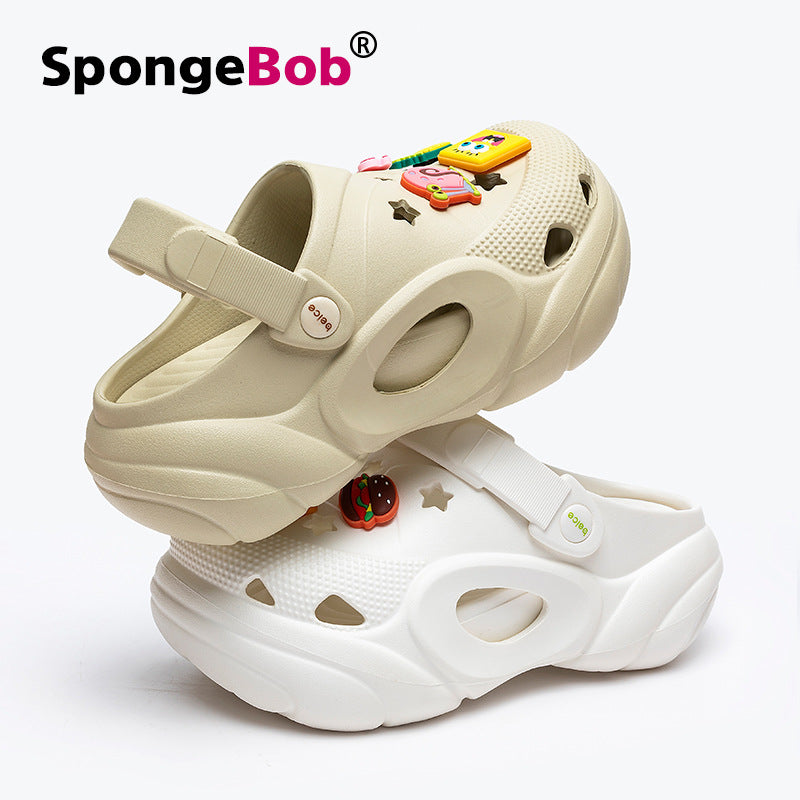 Spongebob squarepants thick sole heightened heel women's summer cool slippers summer outwearnon-sliptoe slippers two-wear beach crocs