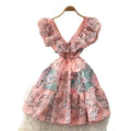 K-style floral sleeveless waistless dress women's summerrufflesv neckhigh waist a-line skirt work clothing pink skirt